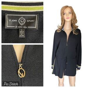St. John Sport Black Santana Knit Wool Drawstring Waist Zip Sweater/ Jacket SZ L